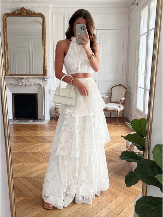 Dresses & Skirts - White Boho Women's Elegant Romantic Multilayer Cake Skirt Two Pieces